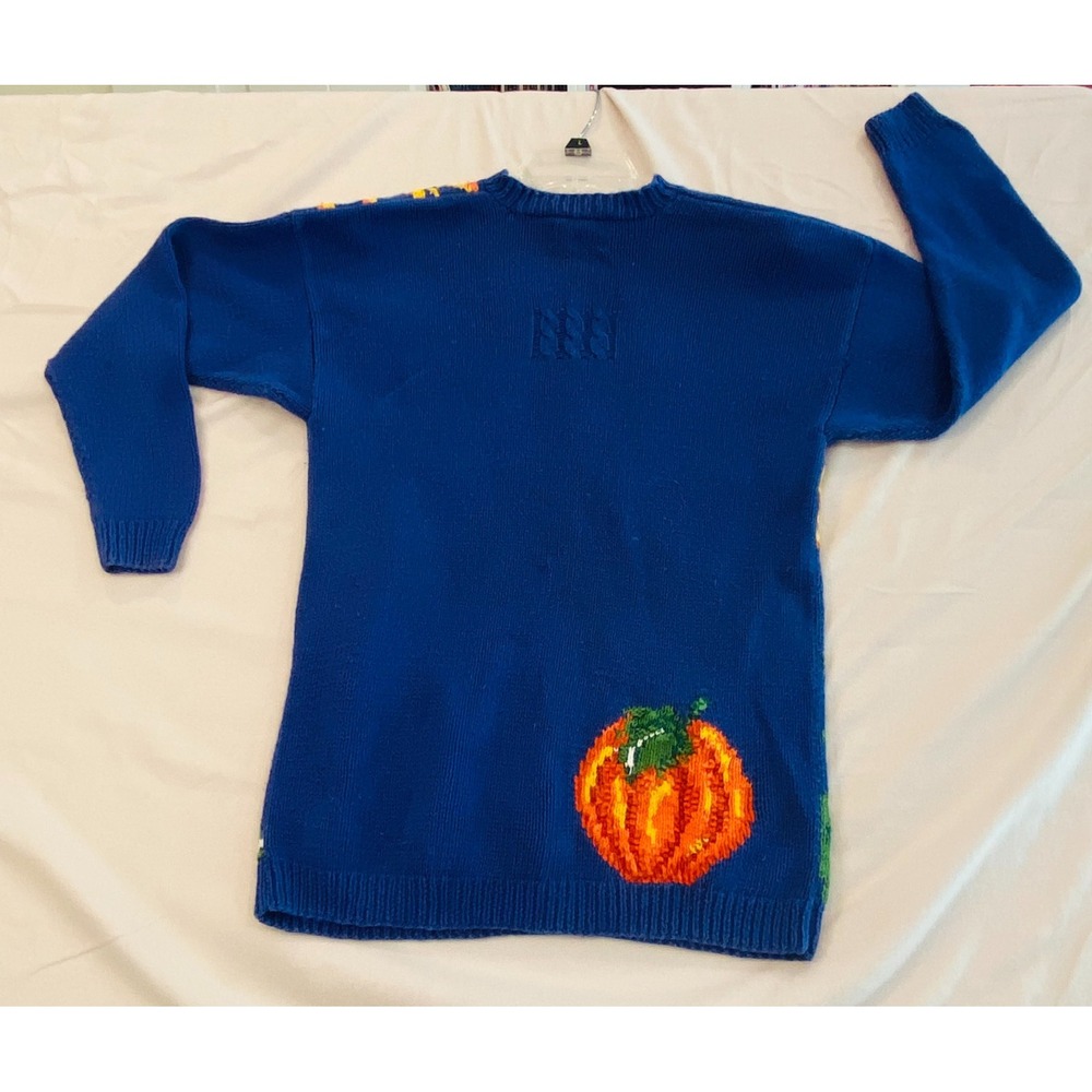Vintage Marisa Christina Sweater Small Overalls Pumpkins Hand Knit Scarecrow Sun - Picture 7 of 8